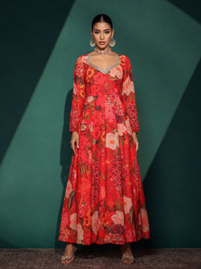 Red Floral Sweetheart Neck Anarkali Kurta -Shae by SASSAFRAS