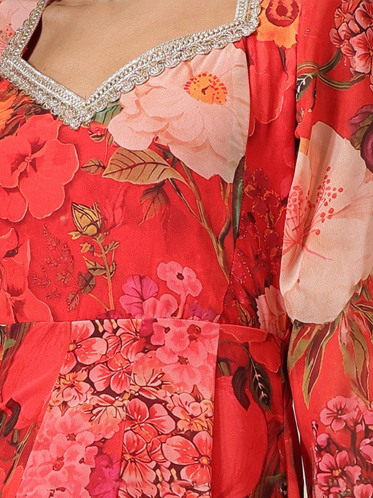 Red Floral Sweetheart Neck Anarkali Kurta -Shae by SASSAFRAS