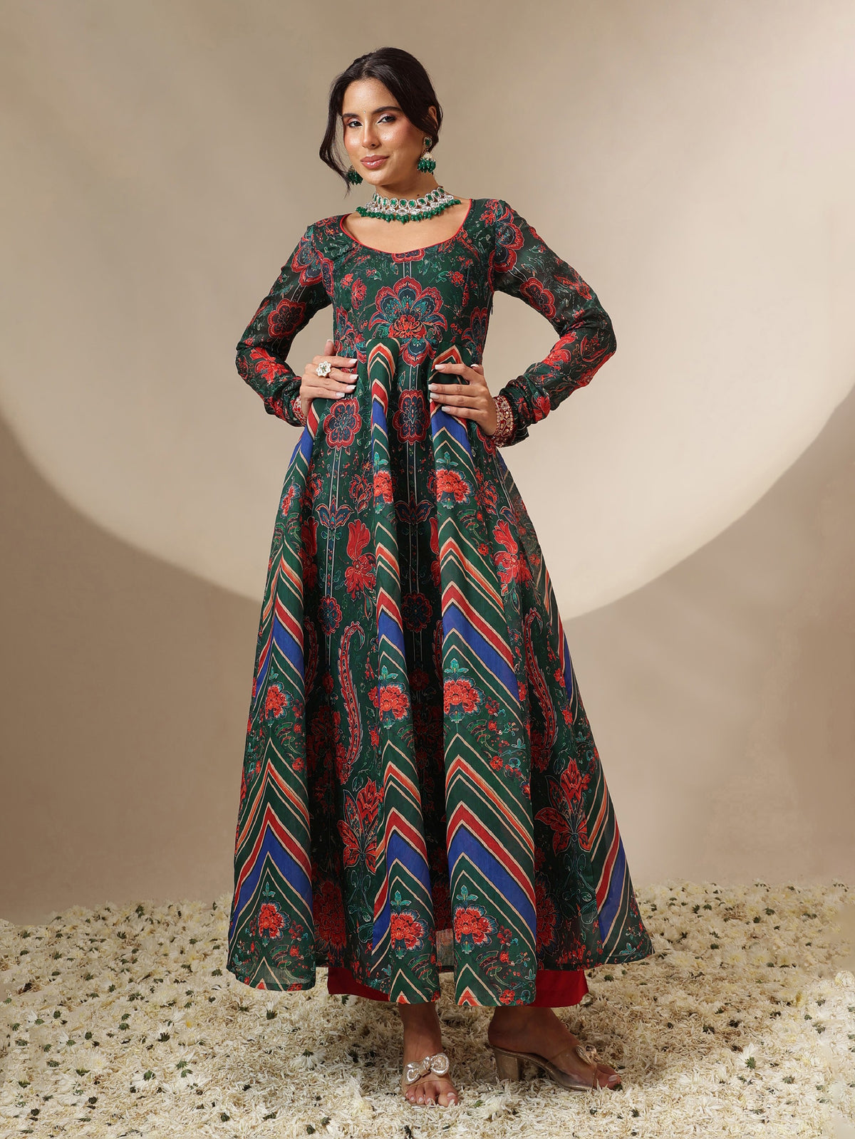 Green & Navy Floral Round Neck Anarkali Maxi Kurta-Shae by SASSAFRAS