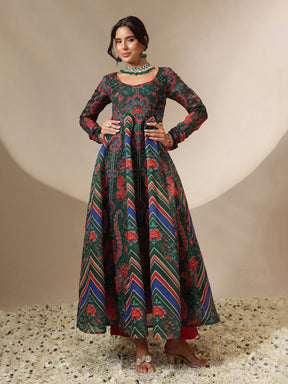 Green & Navy Floral Round Neck Anarkali Maxi Kurta-Shae by SASSAFRAS
