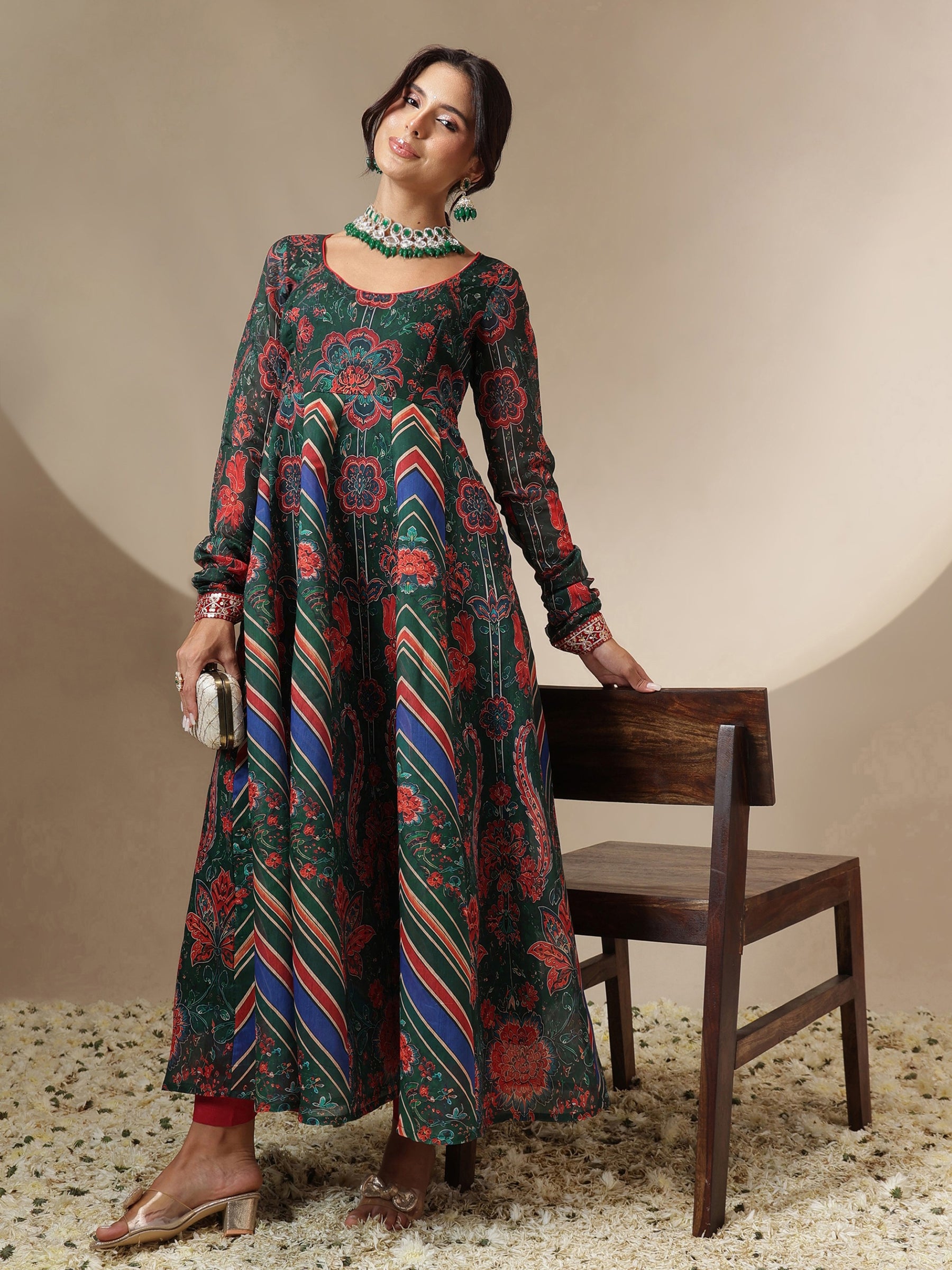 Green & Navy Floral Round Neck Anarkali Maxi Kurta-Shae by SASSAFRAS