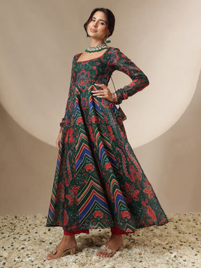 Green & Navy Floral Round Neck Anarkali Maxi Kurta-Shae by SASSAFRAS