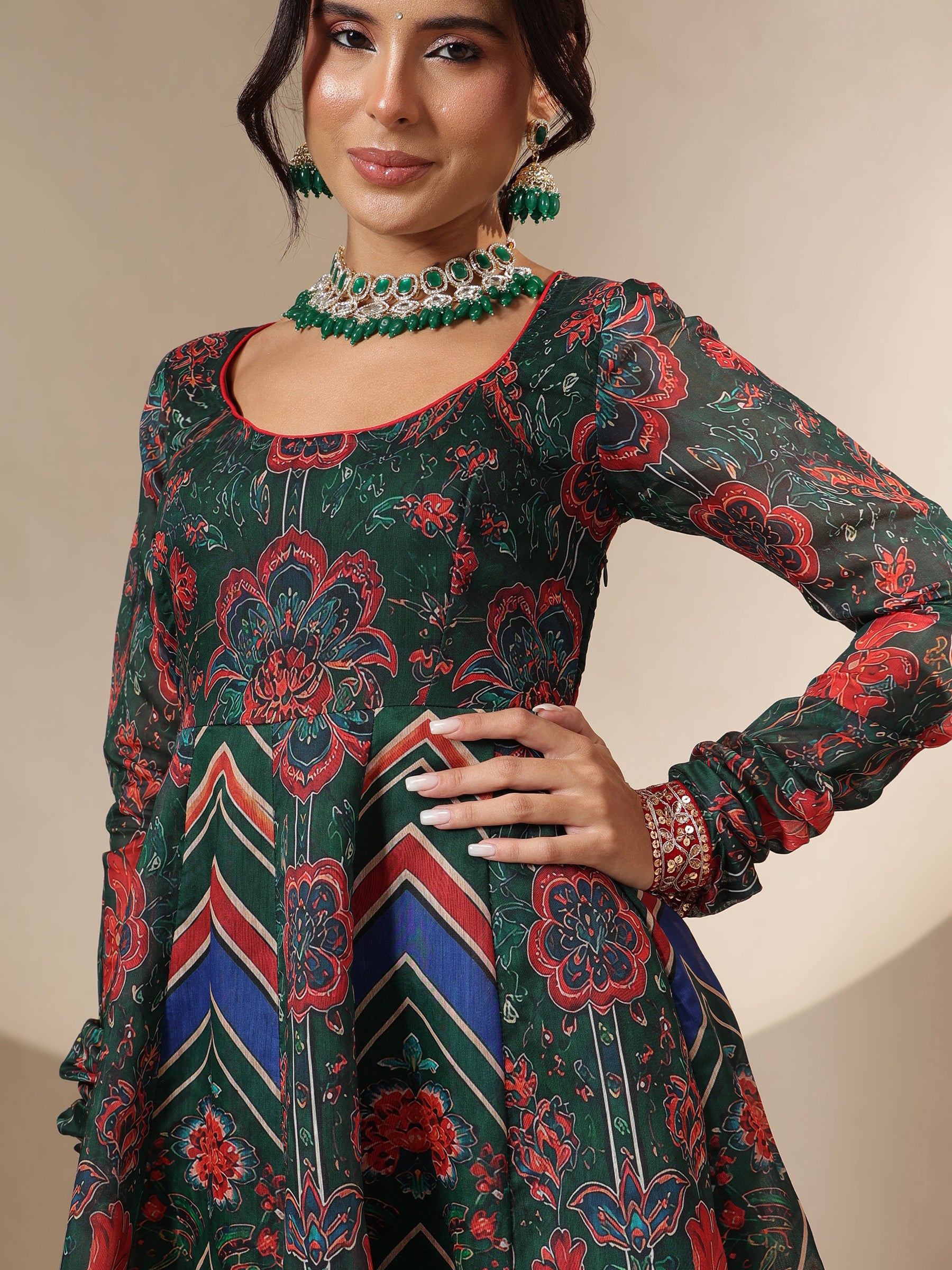 Green & Navy Floral Round Neck Anarkali Maxi Kurta-Shae by SASSAFRAS