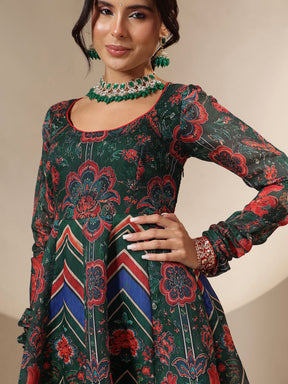 Green & Navy Floral Round Neck Anarkali Maxi Kurta-Shae by SASSAFRAS