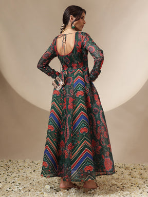 Green & Navy Floral Round Neck Anarkali Maxi Kurta-Shae by SASSAFRAS