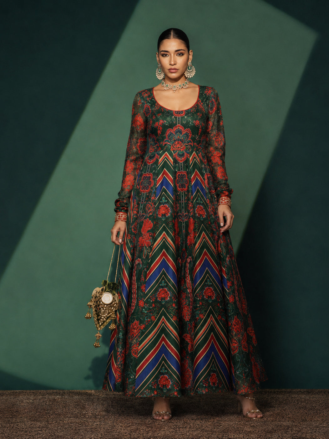 Green & Navy Floral Round Neck Anarkali Maxi Kurta-Shae by SASSAFRAS