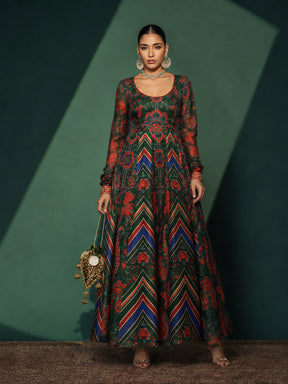 Green & Navy Floral Round Neck Anarkali Maxi Kurta-Shae by SASSAFRAS