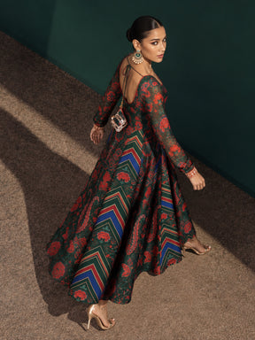 Green & Navy Floral Round Neck Anarkali Maxi Kurta-Shae by SASSAFRAS