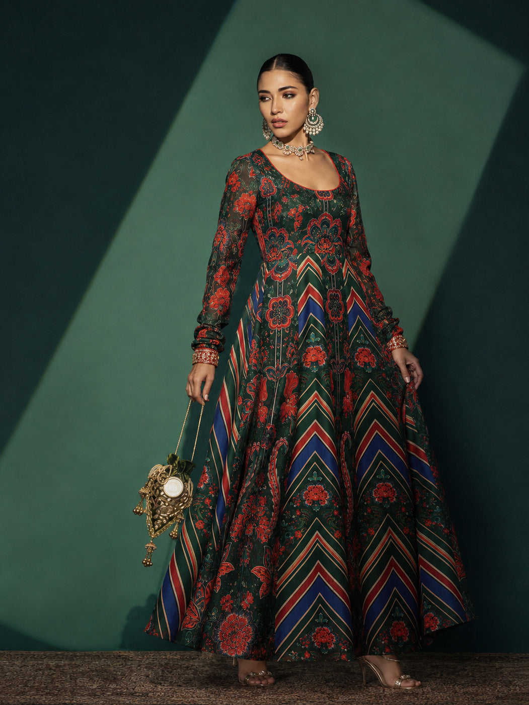 Green & Navy Floral Round Neck Anarkali Maxi Kurta-Shae by SASSAFRAS