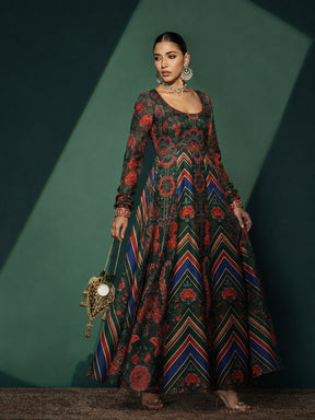 Green & Navy Floral Round Neck Anarkali Maxi Kurta-Shae by SASSAFRAS