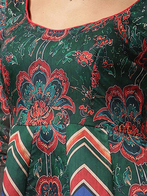 Green & Navy Floral Round Neck Anarkali Maxi Kurta-Shae by SASSAFRAS