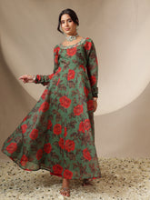 Green Floral Round Neck Anarkali Maxi Kurta-Shae by SASSAFRAS