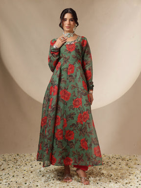 Green Floral Round Neck Anarkali Maxi Kurta-Shae by SASSAFRAS