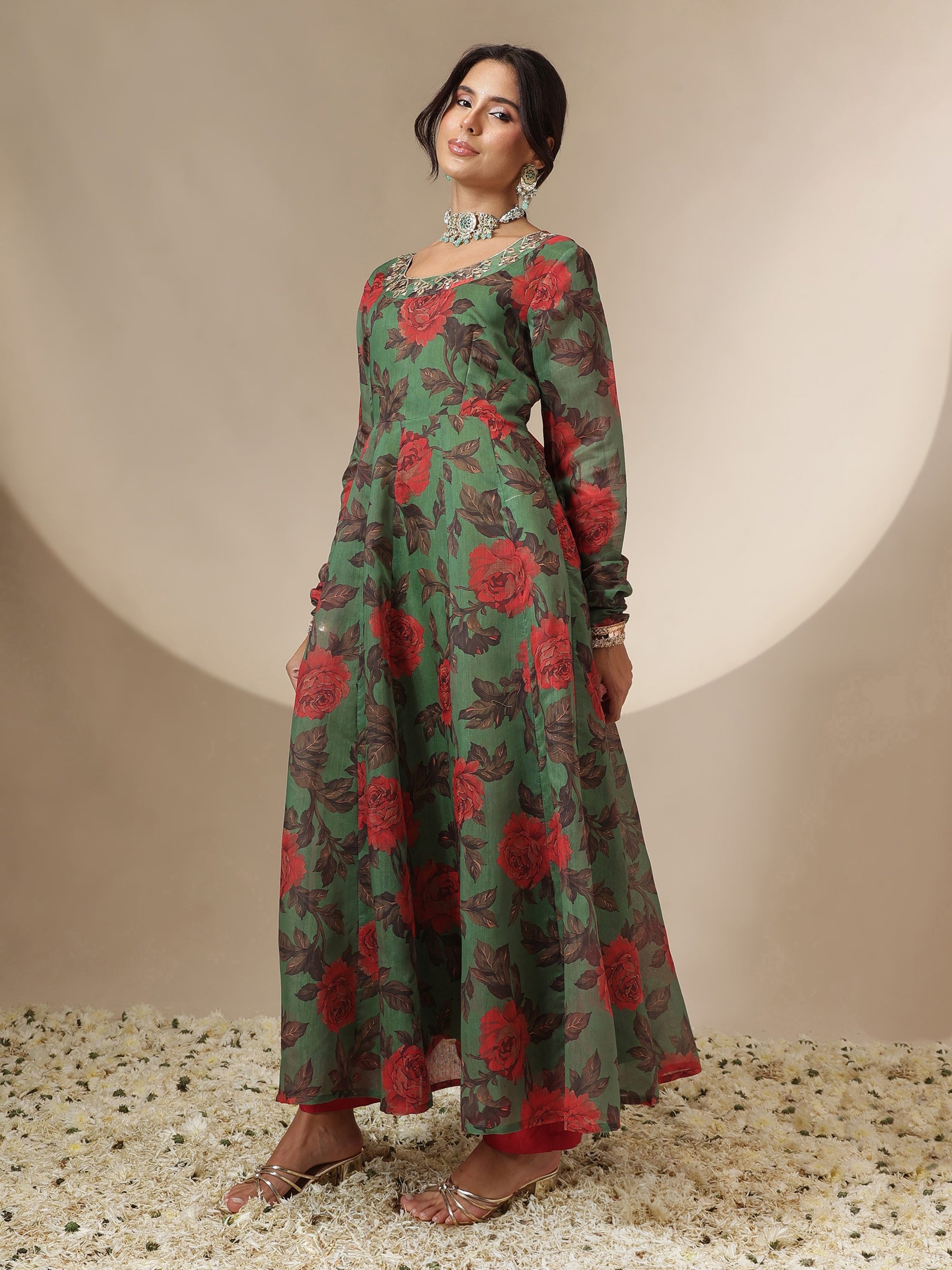 Green Floral Round Neck Anarkali Maxi Kurta-Shae by SASSAFRAS