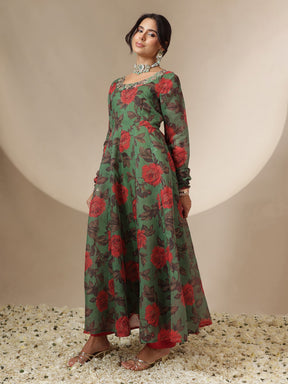 Green Floral Round Neck Anarkali Maxi Kurta-Shae by SASSAFRAS