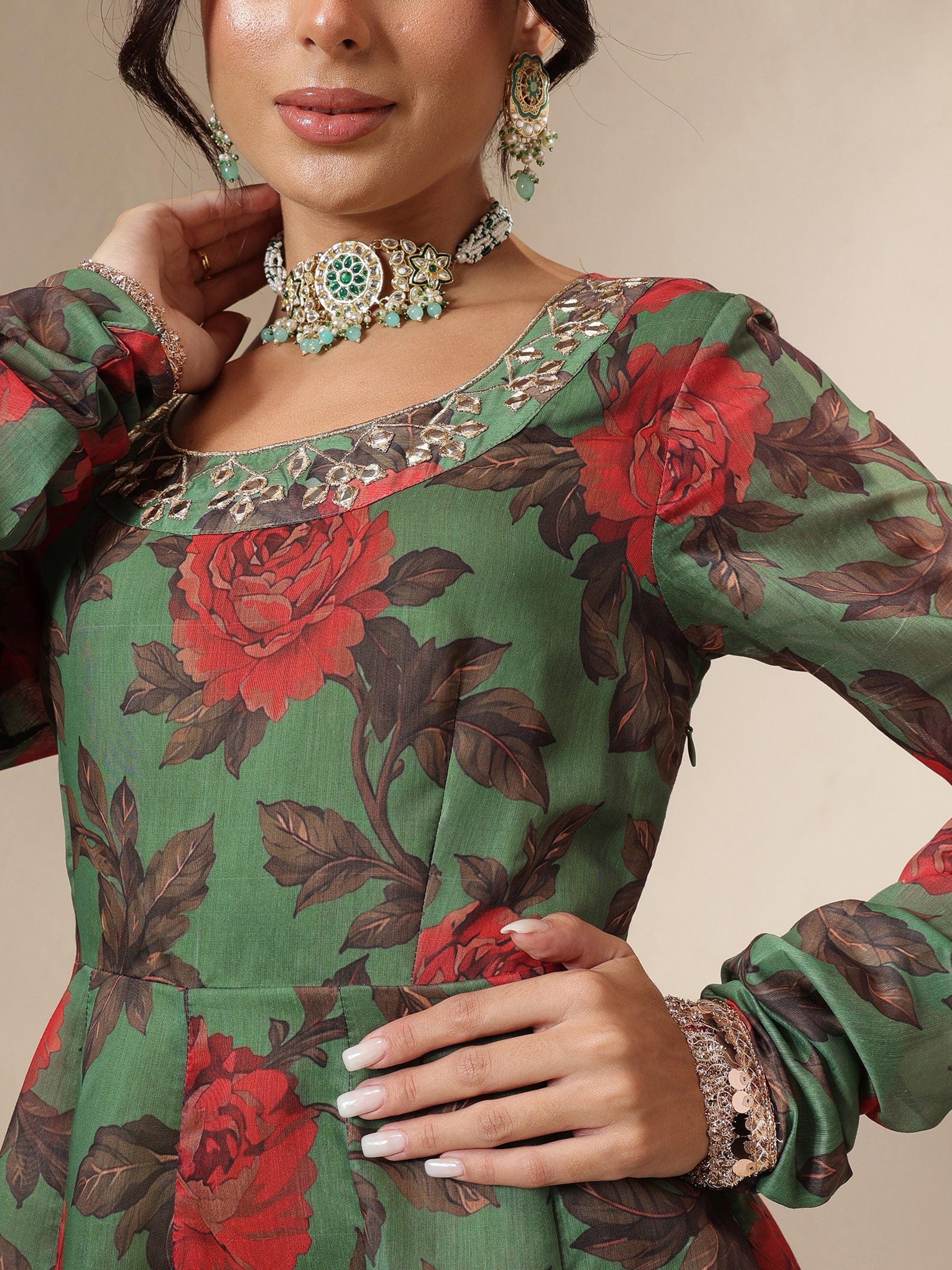 Green Floral Round Neck Anarkali Maxi Kurta-Shae by SASSAFRAS