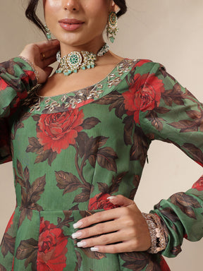 Green Floral Round Neck Anarkali Maxi Kurta-Shae by SASSAFRAS