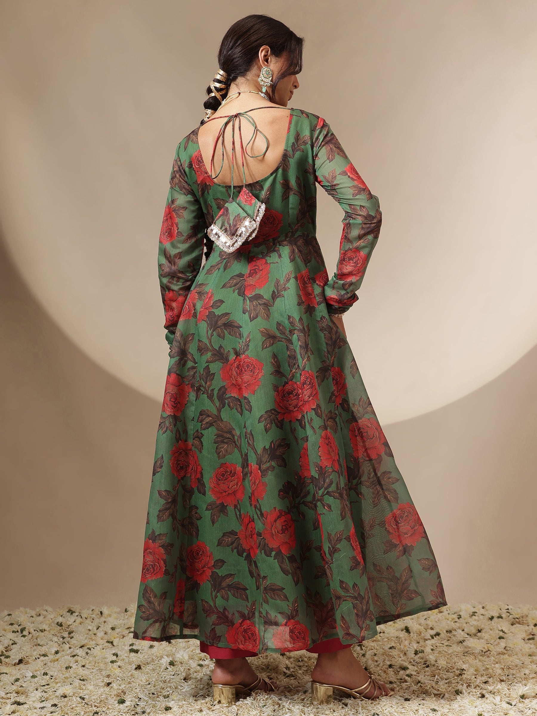 Green Floral Round Neck Anarkali Maxi Kurta-Shae by SASSAFRAS