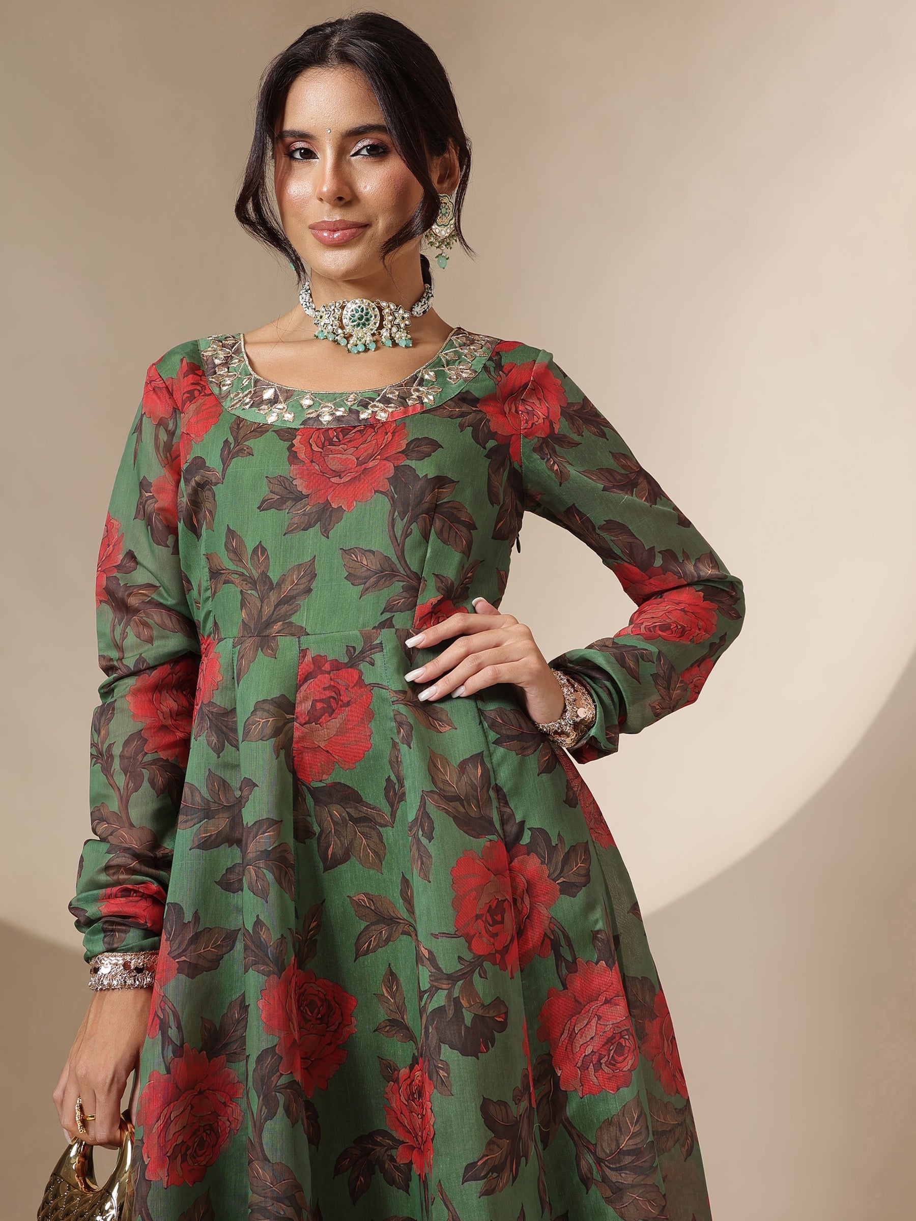 Women Green Floral Round Neck Anarkali Maxi Kurta