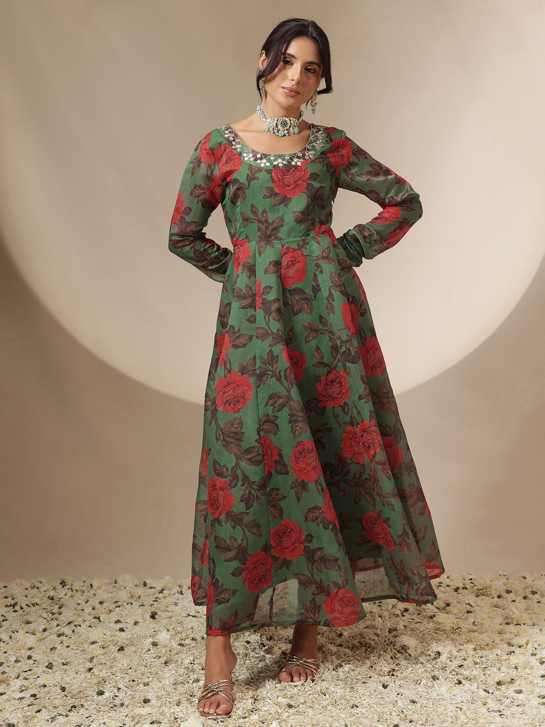 Women Green Floral Round Neck Anarkali Maxi Kurta