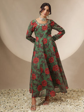 Women Green Floral Round Neck Anarkali Maxi Kurta
