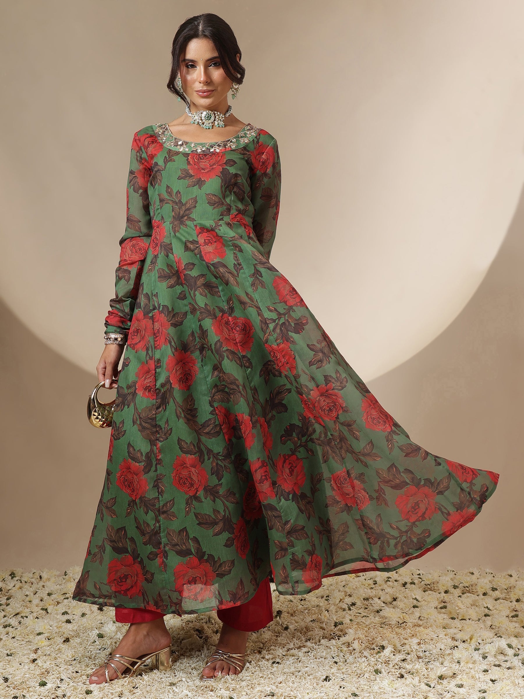Women Green Floral Round Neck Anarkali Maxi Kurta