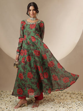 Women Green Floral Round Neck Anarkali Maxi Kurta