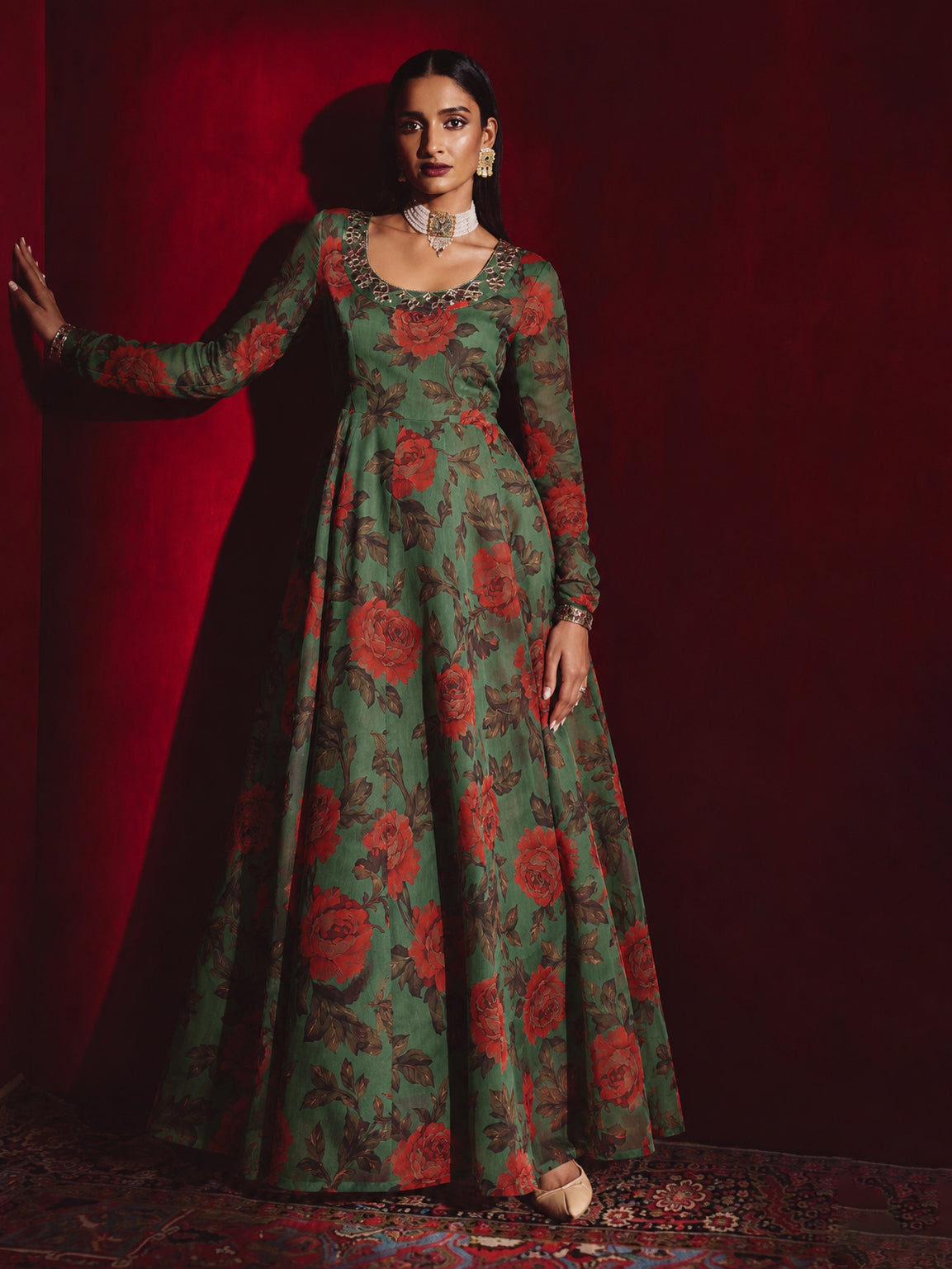 Green Floral Round Neck Anarkali Maxi Kurta-Shae by SASSAFRAS