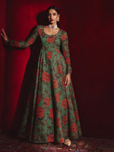 Green Floral Round Neck Anarkali Maxi Kurta-Shae by SASSAFRAS