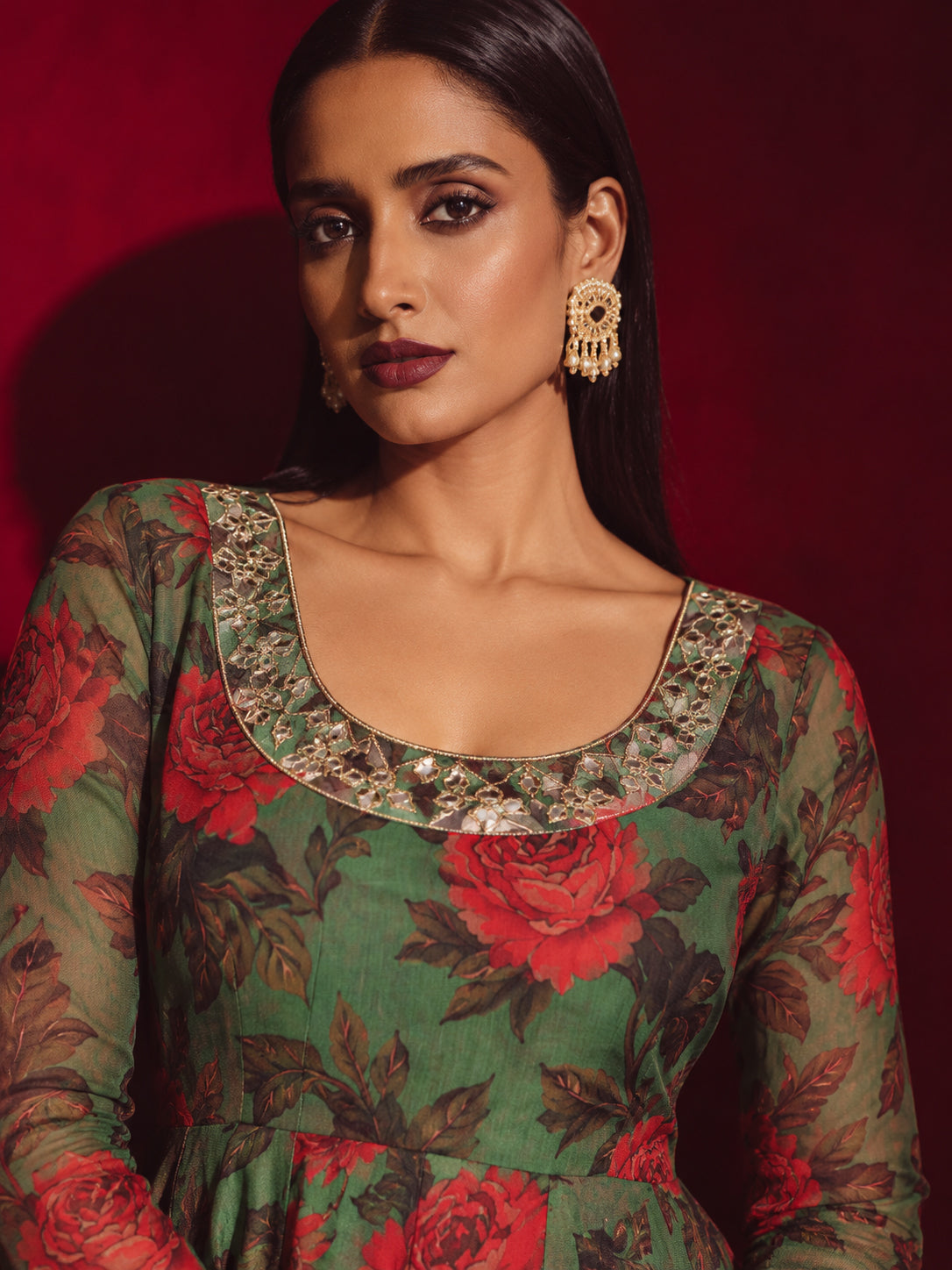 Green Floral Round Neck Anarkali Maxi Kurta-Shae by SASSAFRAS