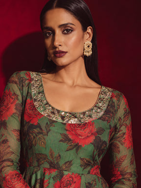 Green Floral Round Neck Anarkali Maxi Kurta-Shae by SASSAFRAS