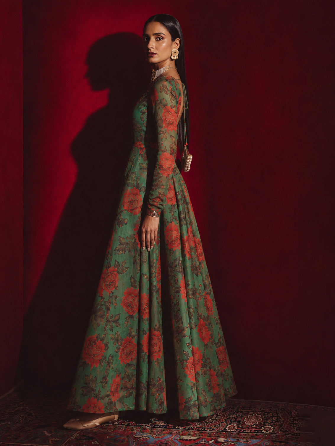 Green Floral Round Neck Anarkali Maxi Kurta-Shae by SASSAFRAS
