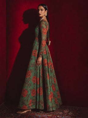 Green Floral Round Neck Anarkali Maxi Kurta-Shae by SASSAFRAS