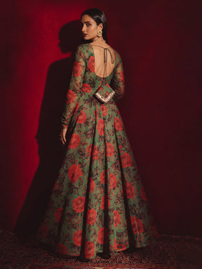 Green Floral Round Neck Anarkali Maxi Kurta-Shae by SASSAFRAS