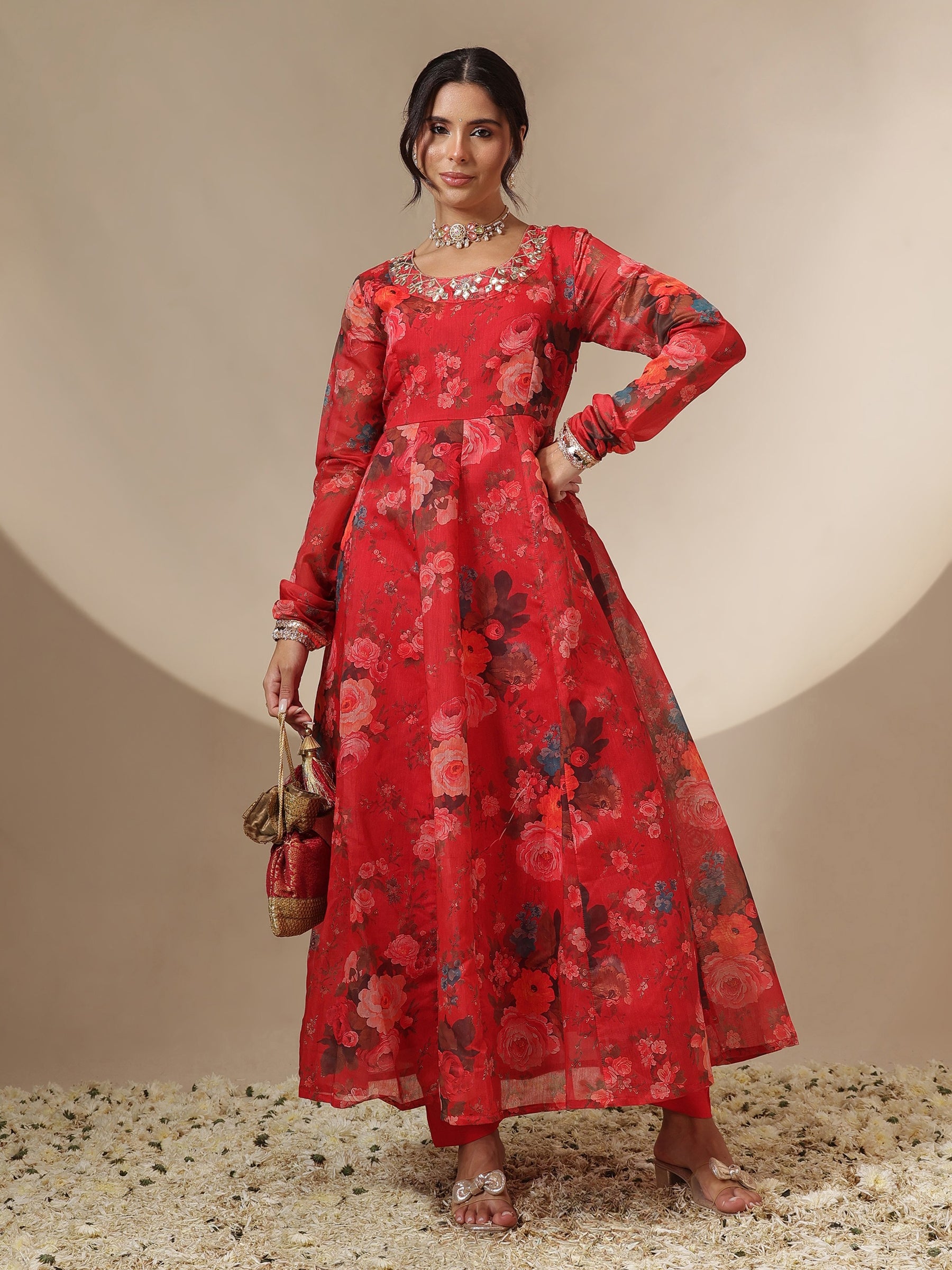 Red Floral Round Neck Anarkali Maxi Kurta-Shae by SASSAFRAS