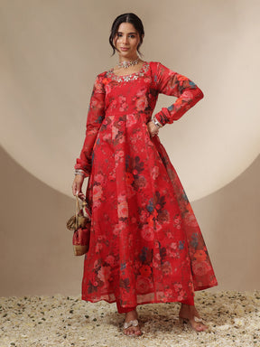 Red Floral Round Neck Anarkali Maxi Kurta-Shae by SASSAFRAS