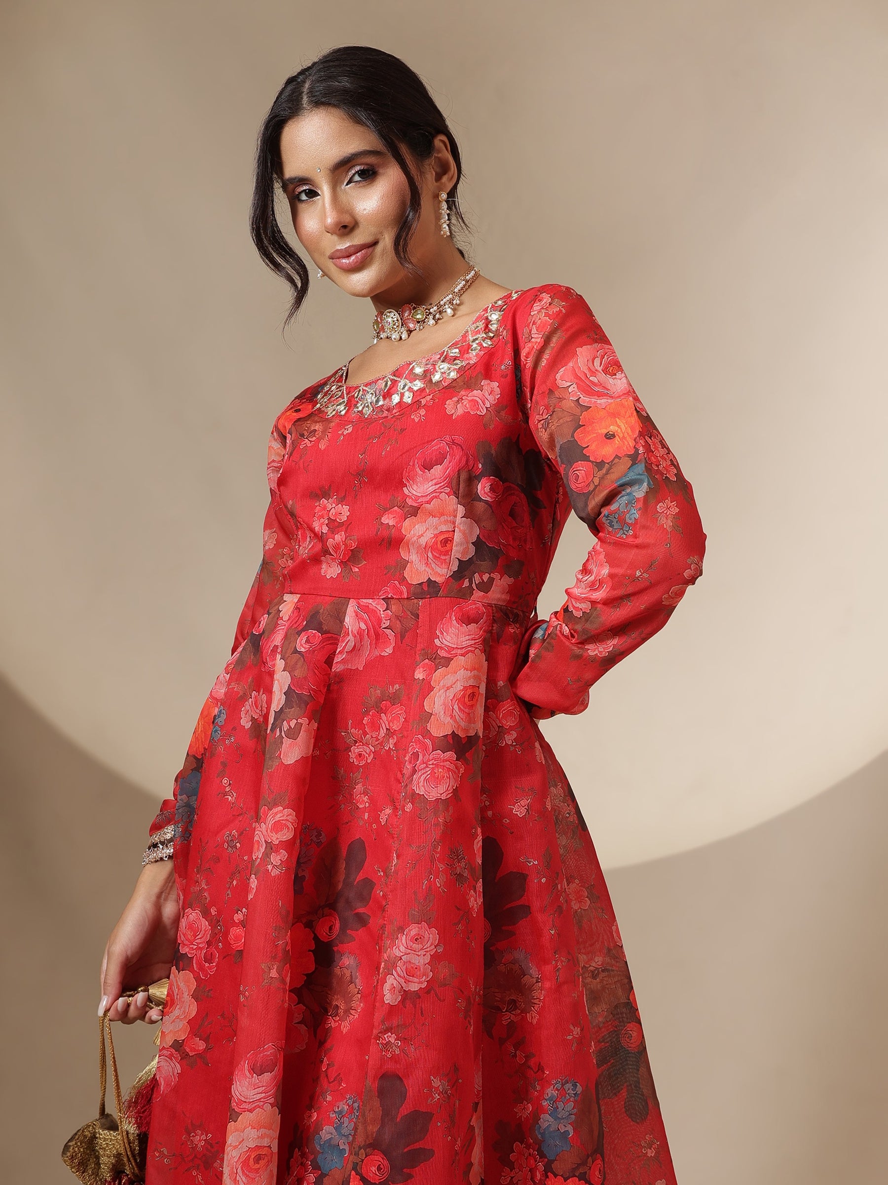 Red Floral Round Neck Anarkali Maxi Kurta-Shae by SASSAFRAS