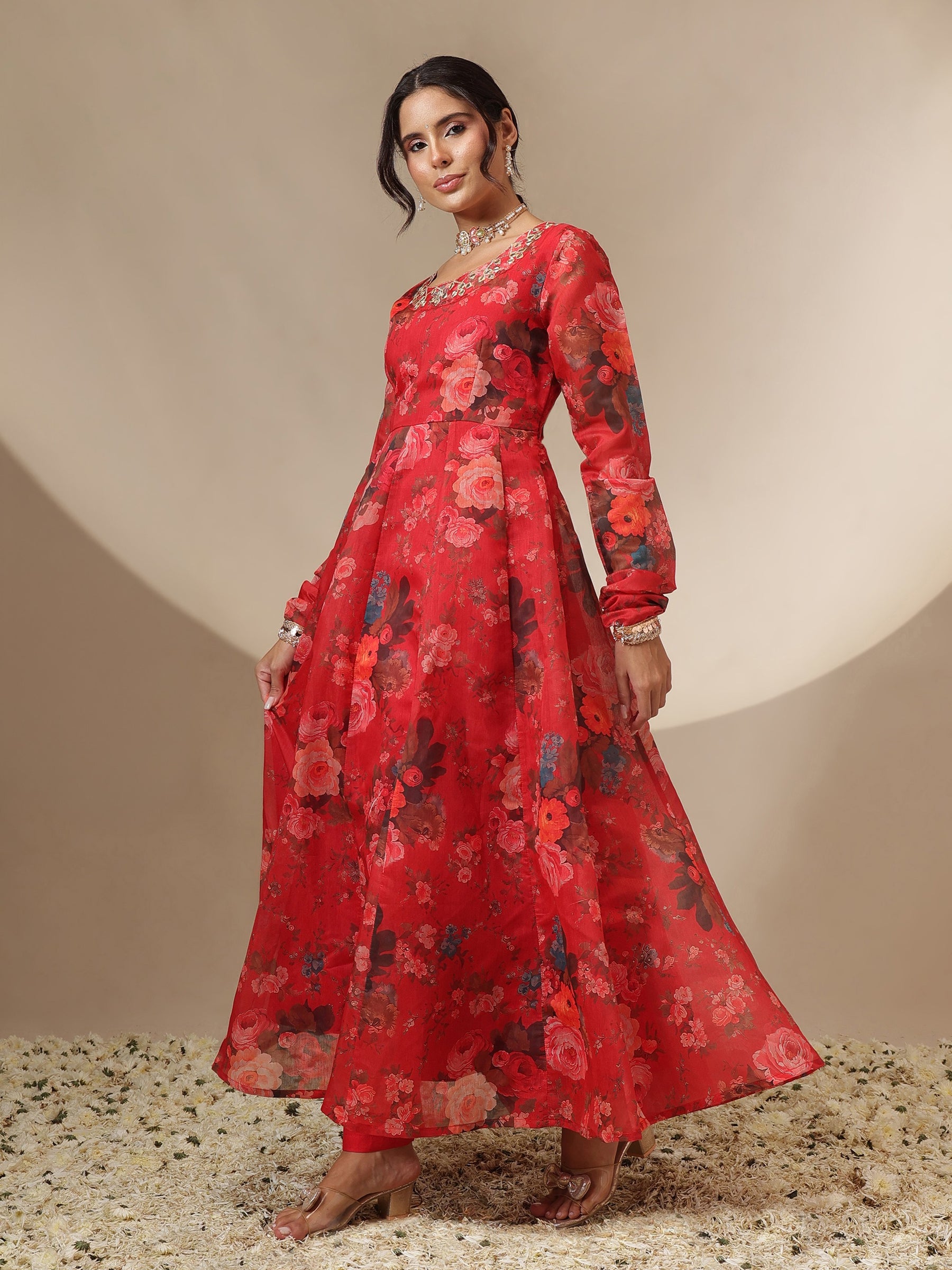 Red Floral Round Neck Anarkali Maxi Kurta-Shae by SASSAFRAS