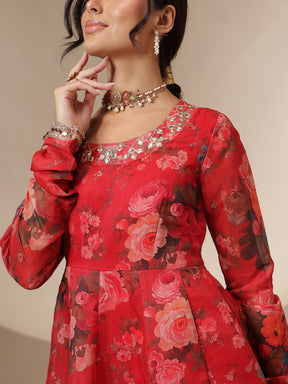 Red Floral Round Neck Anarkali Maxi Kurta-Shae by SASSAFRAS