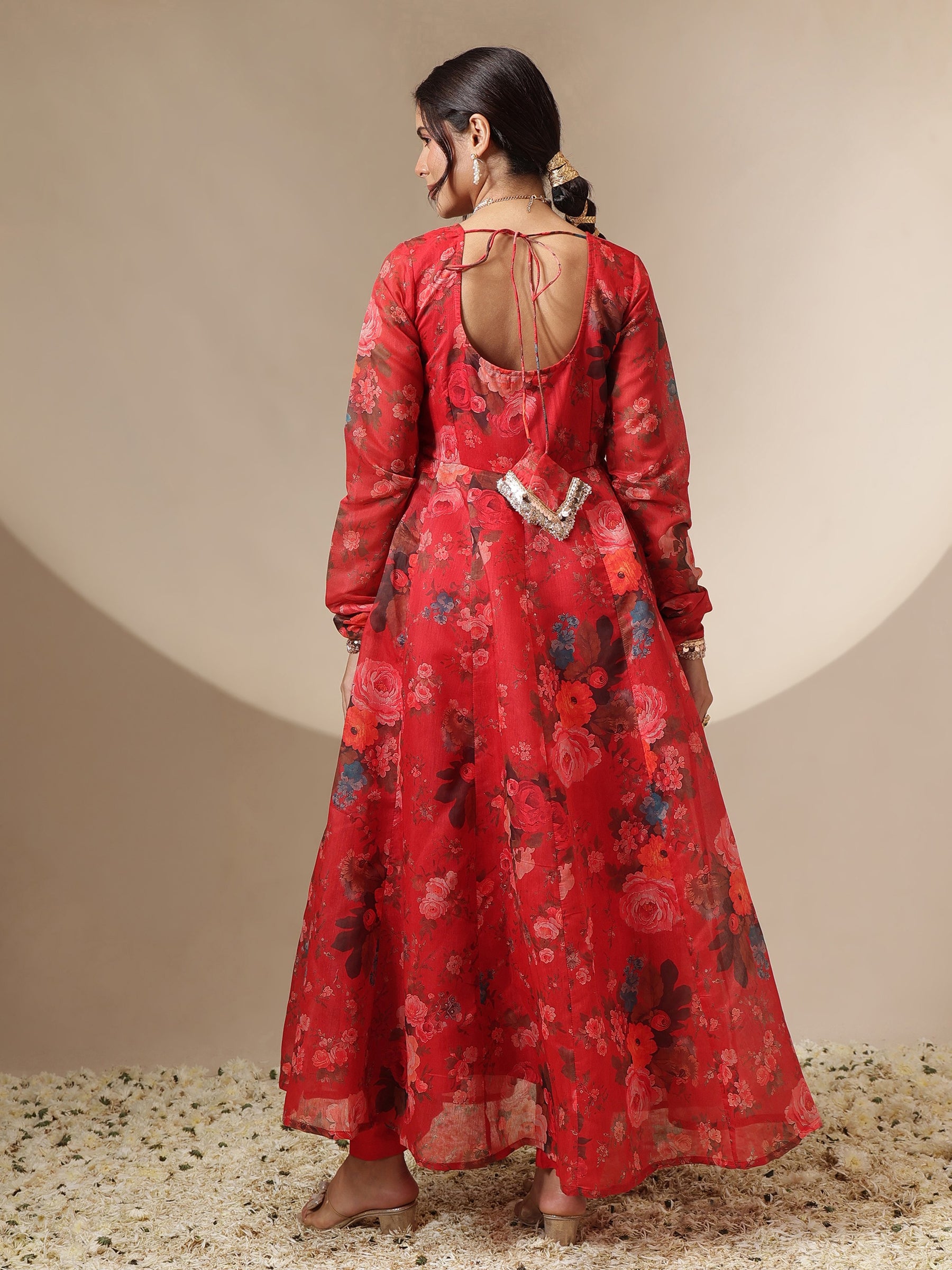 Red Floral Round Neck Anarkali Maxi Kurta-Shae by SASSAFRAS
