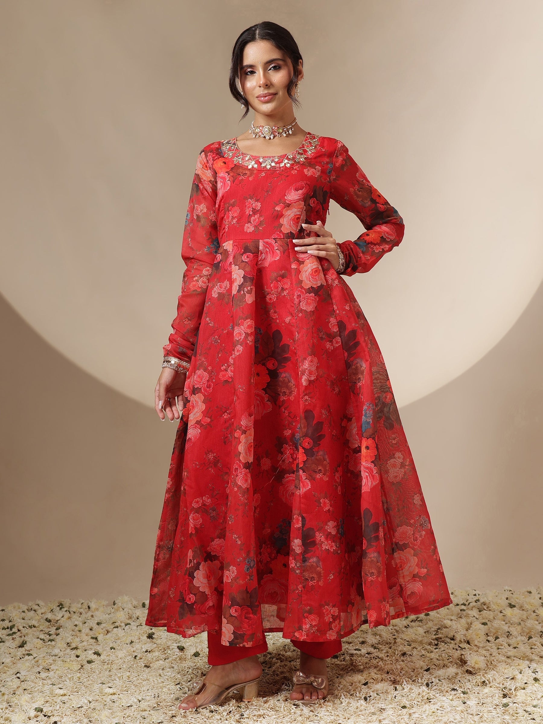 Women Red Floral Round Neck Anarkali Maxi Kurta