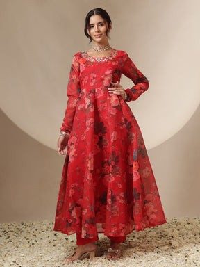 Women Red Floral Round Neck Anarkali Maxi Kurta