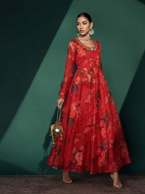 Red Floral Round Neck Anarkali Maxi Kurta-Shae by SASSAFRAS