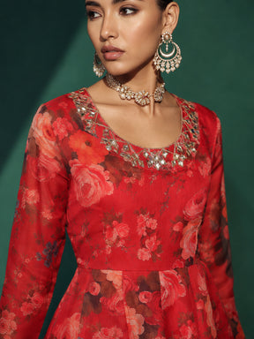 Red Floral Round Neck Anarkali Maxi Kurta-Shae by SASSAFRAS