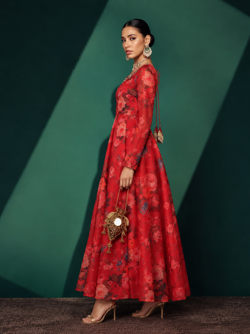Red Floral Round Neck Anarkali Maxi Kurta-Shae by SASSAFRAS