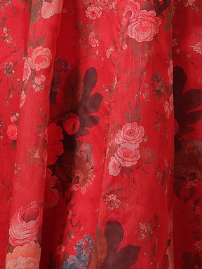 Red Floral Round Neck Anarkali Maxi Kurta-Shae by SASSAFRAS