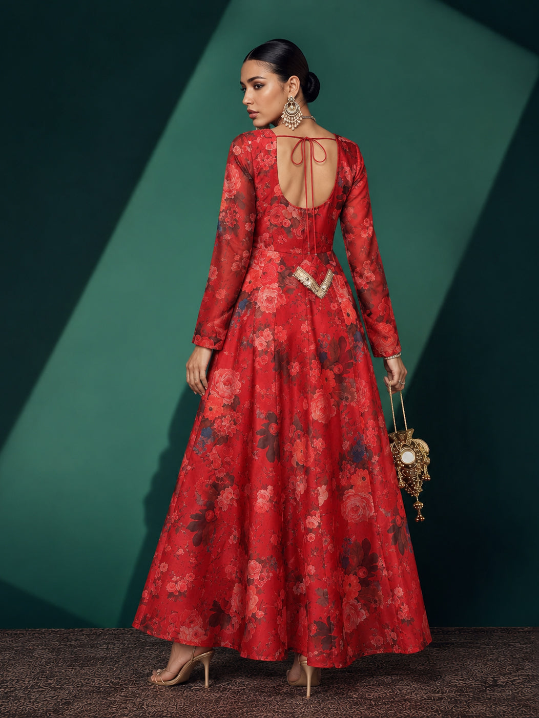 Red Floral Round Neck Anarkali Maxi Kurta-Shae by SASSAFRAS
