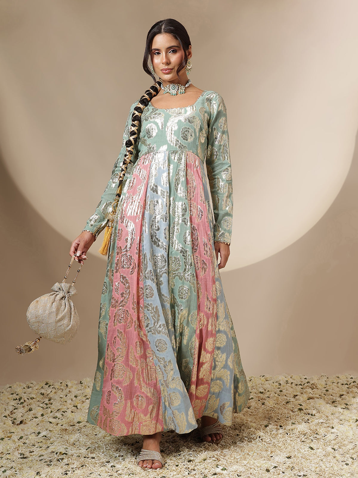 Blue Multi Colour Round Neck Anarkali Kurta-Shae by SASSAFRAS