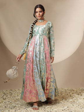 Blue Multi Colour Round Neck Anarkali Kurta-Shae by SASSAFRAS