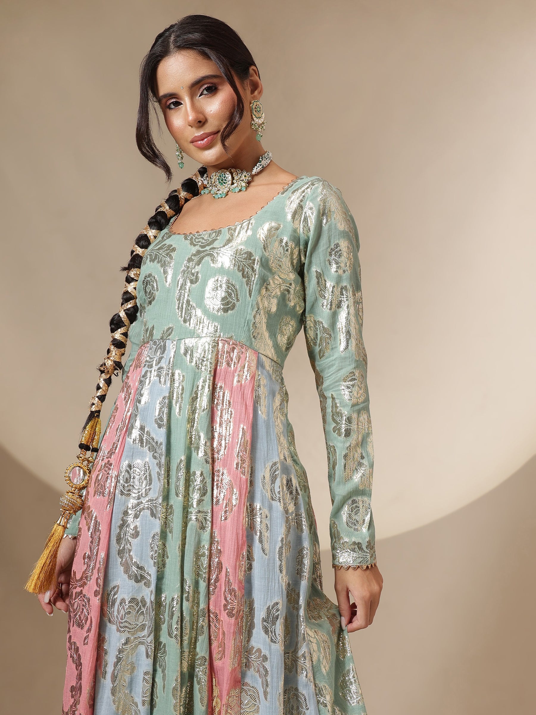 Blue Multi Colour Round Neck Anarkali Kurta-Shae by SASSAFRAS
